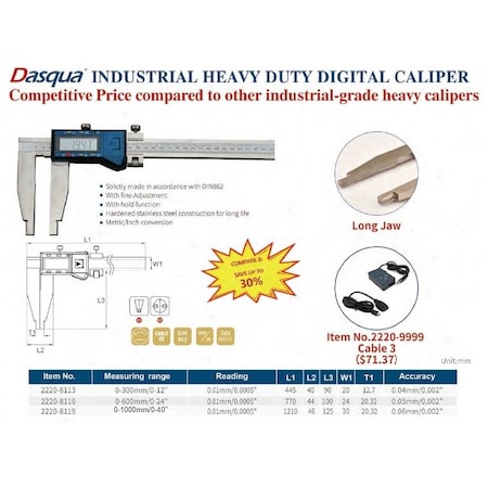 H & H Industrial Products Dasqua 0-600mm/0-24" Jaw Length 100mm Heavy Duty Digital Caliper 2220-8116